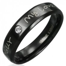 Jeklen prstan - črn z ljubezensko izjavo in prozornim kamenčkom