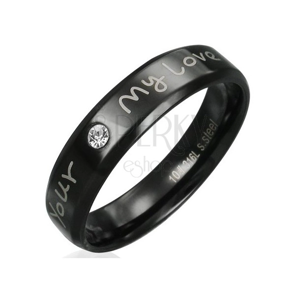 Jeklen prstan - črn z ljubezensko izjavo in prozornim kamenčkom