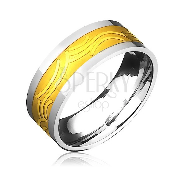Poročni prstan iz jekla - zlat in srebrn, motiv bleščečih lokov