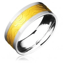 Dvobarven poročni prstan - zlat pas z oglatimi valovi