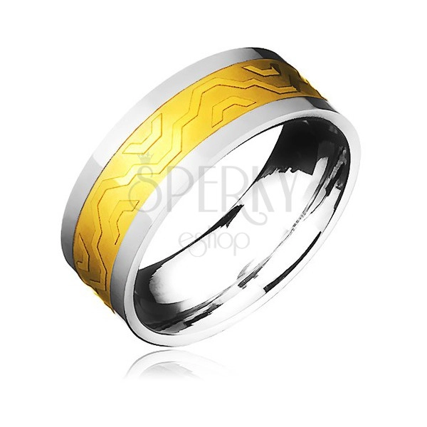Dvobarven poročni prstan - zlat pas z oglatimi valovi