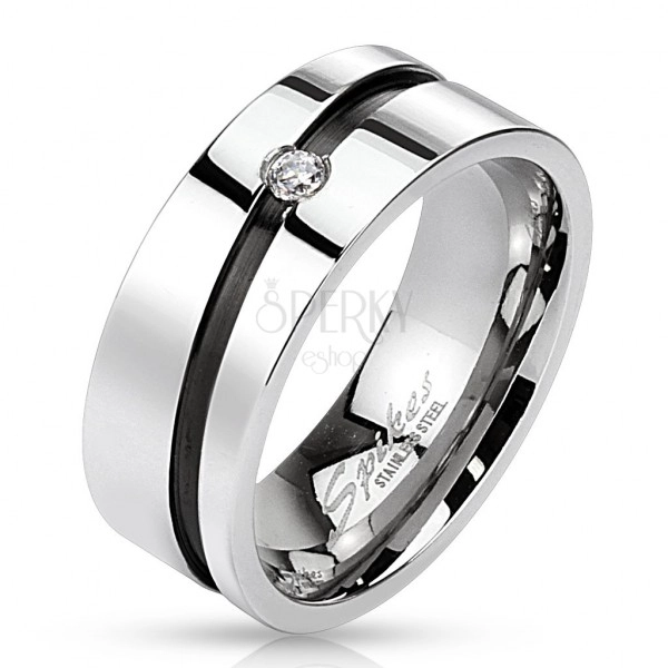 Poročni prstan iz kirurškega jekla - črna linija s kamenčkom