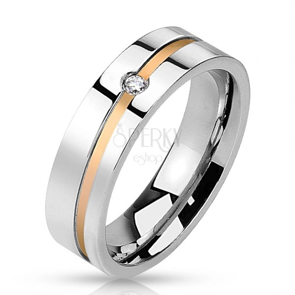 Jeklen poročni prstan - zlata linija s kamenčkom