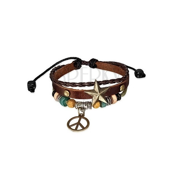 Večplastna zapestnica - trak z zvezdo, pletenico, vrvico in simbolom miru