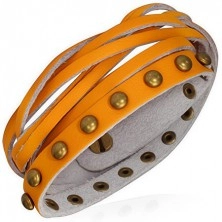 Usnjena zapestnica - oranžni paščki, okrogli zlati neti in spletene vrvice