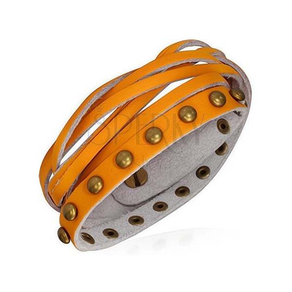 Usnjena zapestnica - oranžni paščki, okrogli zlati neti in spletene vrvice