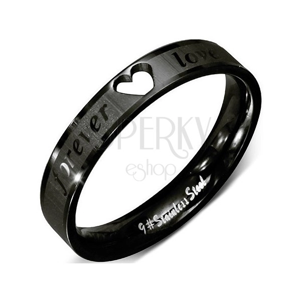 Jeklen prstan - črn obroček z izrezanim srcem in napisom