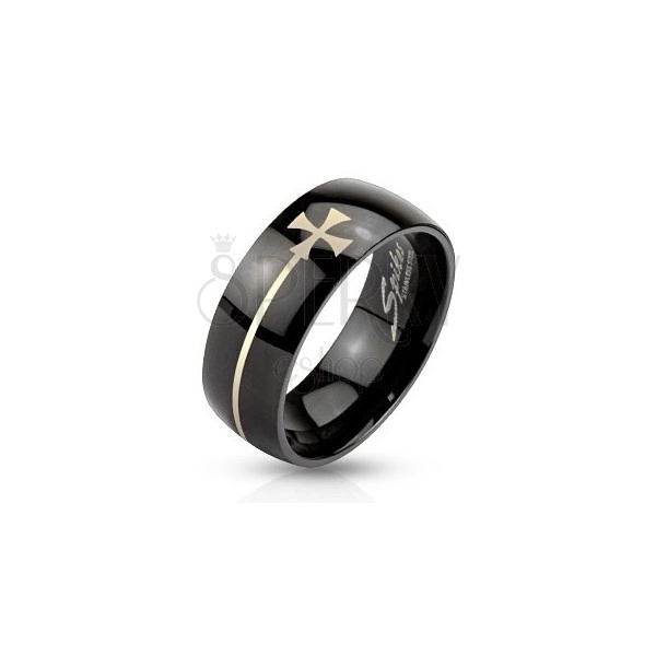 Črn prstan iz jekla z malteškim križem