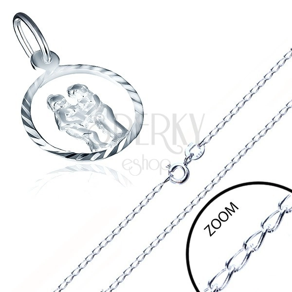 Srebrna ogrlica - sijoča verižica, astrološki znak dvojčkov znotraj obročka