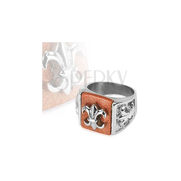 Jeklen prstan s simbolom stilizirane lilije na bleščečem ozadju