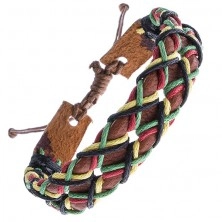 Usnjena zapestnica - karamelno rjav pašček in vrvice v križastem vzorcu