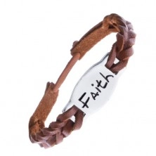 Pletena usnjena zapestnica - karamelno rjava, jeklena ploščica "FAITH"