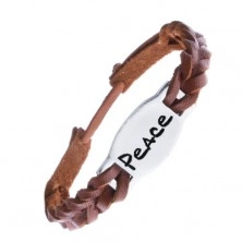 Pletena usnjena zapestnica - karamelno rjava, jeklena ploščica "PEACE"