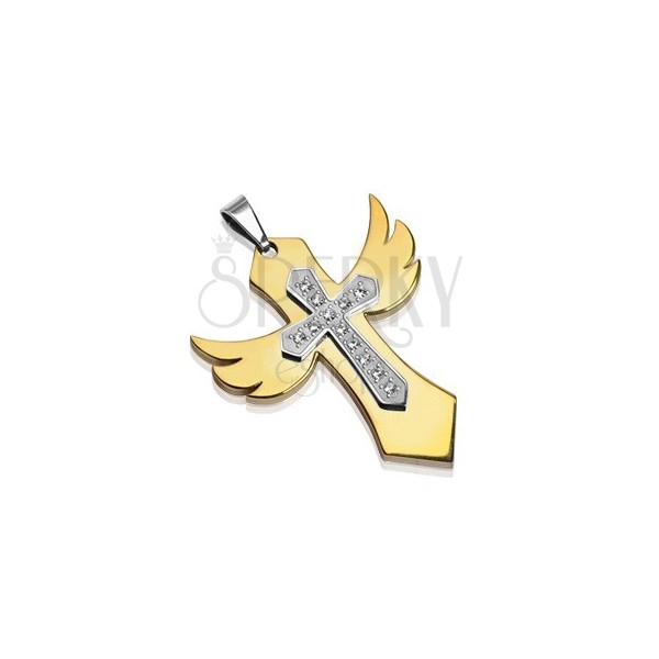 Zlat obesek iz nerjavečega jekla - križ s krili, kamenčki