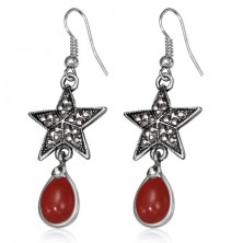 Kovinski uhani - petkraka zvezda s cirkoni in rdečim kamnom