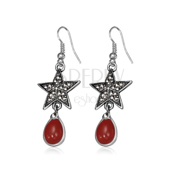 Kovinski uhani - petkraka zvezda s cirkoni in rdečim kamnom