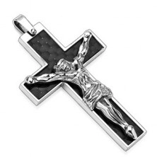 Obesek iz nerjavečega jekla - črn križ s srebrnim Jezusom