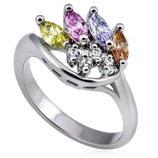 Srebrn kovinski prstan, krona iz barvnih in prozornih cirkonov