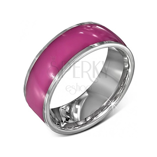 Jeklen poročni prstan - bleščeče roza s srebrnim robom, 8 mm