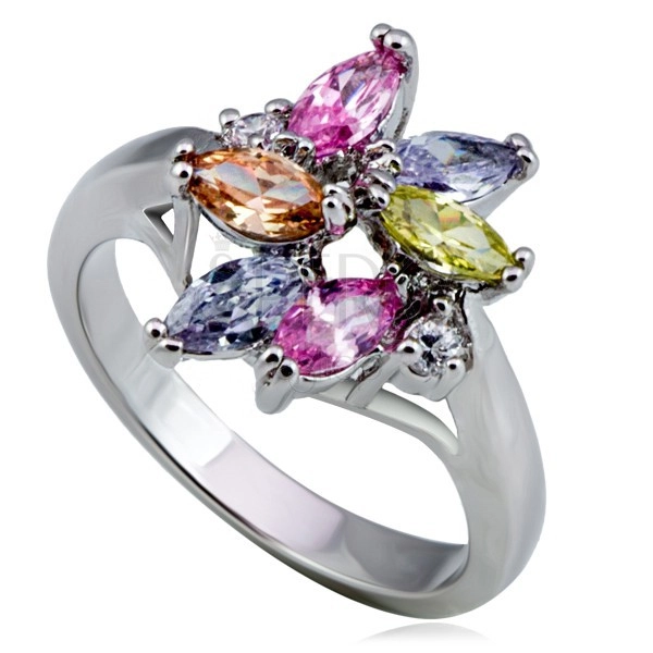 Sijoč kovinski prstan - cvetlica, barvni cirkoni solzaste in okrogle oblike