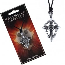 Črna ogrlica z vrvico in obeskom - lilija, križ z obročkom