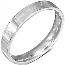 Prstan iz kirurškega jekla - srebrn poročni prstan, I Love You, dve srci