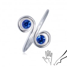 Srebrn prstan za nogo ali roko - dva modra cirkona v spiralah