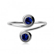 Srebrn prstan za nogo ali roko - dva modra cirkona v spiralah