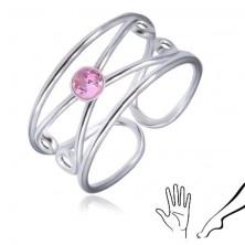 Prstan iz srebra čistine 925 - okrogel rožnat cirkon, dvojna zanka
