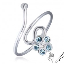 Sijoč srebrn prstan čistine 925 - zavita linija, cvetlica z modrimi cirkoni