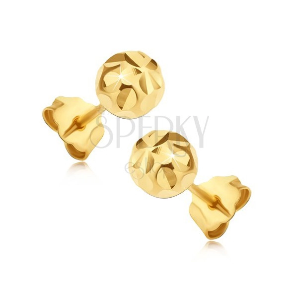 Zlati 14K uhani s čepki - kroglici z žarkastima cvetovoma