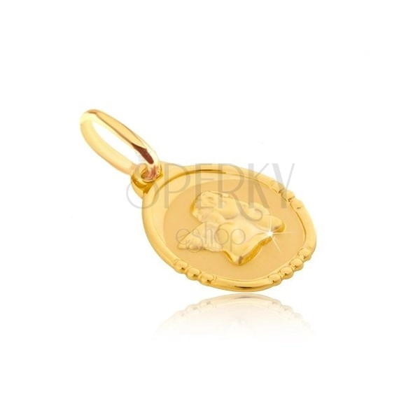 Zlat 585 obesek - ovalna ploščica z debelušnim angelom