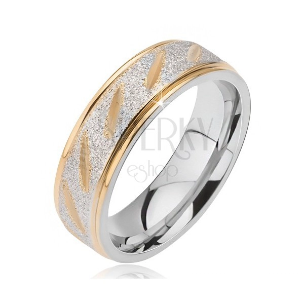 Jeklen poročni prstan - mat srednji del z zlatimi zarezami in robovi