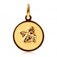 Zlat 14-karatni okrogli obesek - mat površina s 3D angelom