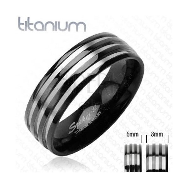Črn obroček iz titana - trije pasovi srebrne barve