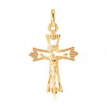 Obesek iz 14K zlata - križ z razcepljenimi kraki z žarki in Kristusom