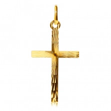 Obesek iz 14K zlata - velik latinski križ, žarkaste zareze