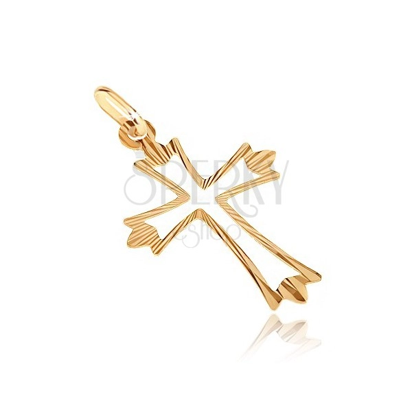 Zlat obesek - križ z razvejanimi žarkastimi kraki in izrezom