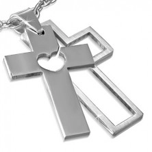 Prívesok z ocele - dvojdielny kríž s vyrezaným srdcom