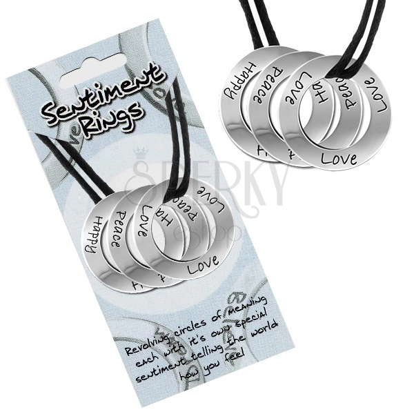 Črna ogrlica iz vrvic - trije obročki, napis Love, Peace, Happy