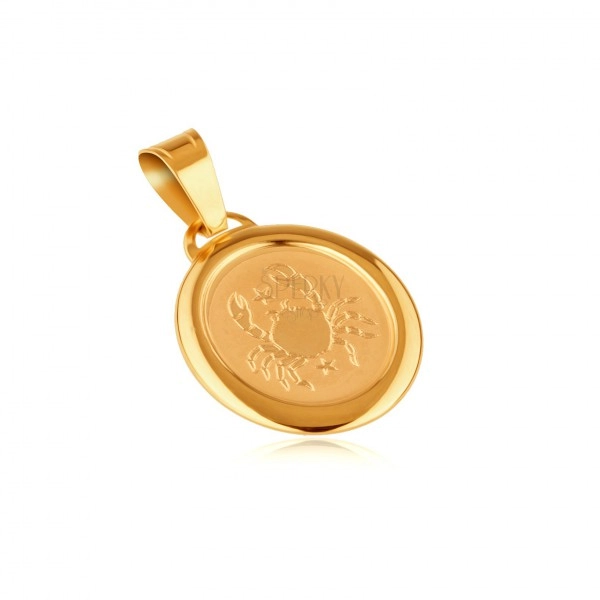 Zlat 14K obesek - mat oval s sijočim okvirjem in znamenjem zodiaka RAK