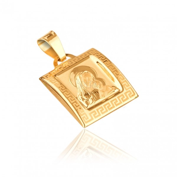 Obesek iz 14K zlata - Mati Božja na izbočeni ploščici z grškim vzorcem