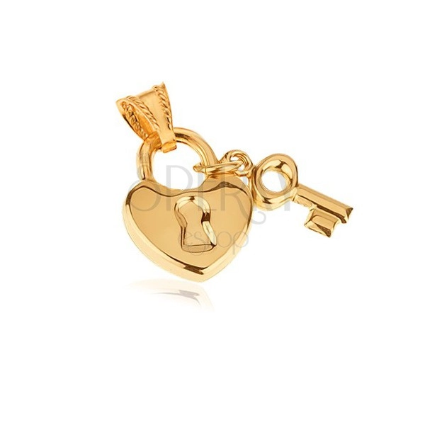 Zlat obesek - sijoča srčasta ključavnica s ključem