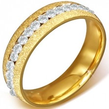Jekleni prstan - zlat peskan poročni prstan, okrogli prozorni cirkoni