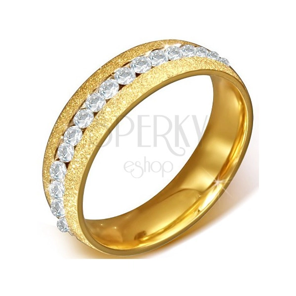 Jekleni prstan - zlat peskan poročni prstan, okrogli prozorni cirkoni