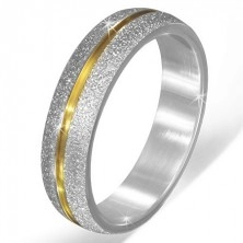 Peskan poročni prstan iz jekla srebrne barve z zlato zarezo