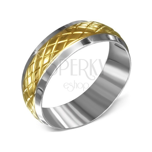 Prstan iz kirurškega jekla, srebrn z zlatim rombastim vzorcem