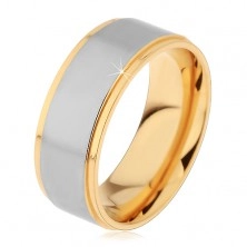 Sijoči jekleni prstan srebrne in zlate barve z zarezama