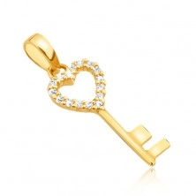 Obesek iz rumenega 14K zlata - sijoč ključ, oris simetričnega srca, kamenčki