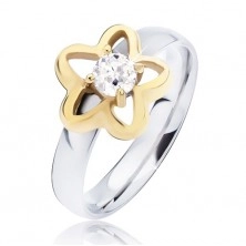 Jeklen prstan, zlata kontura cveta s prozornim okroglim cirkonom